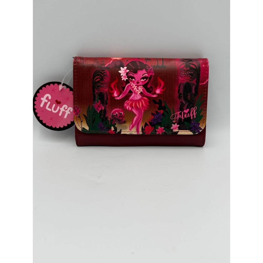 Fluff Womens Wallet Tiki Hula Girl Claudette Barjoud Vegan Leather Burgundy New